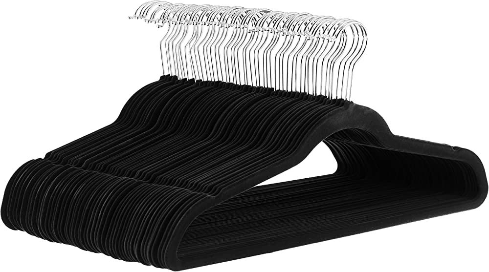 Amazon Basics Slim, Velvet, Non-Slip Suit Clothes Hangers, Black/Silver - Pack of 50 | Amazon (US)