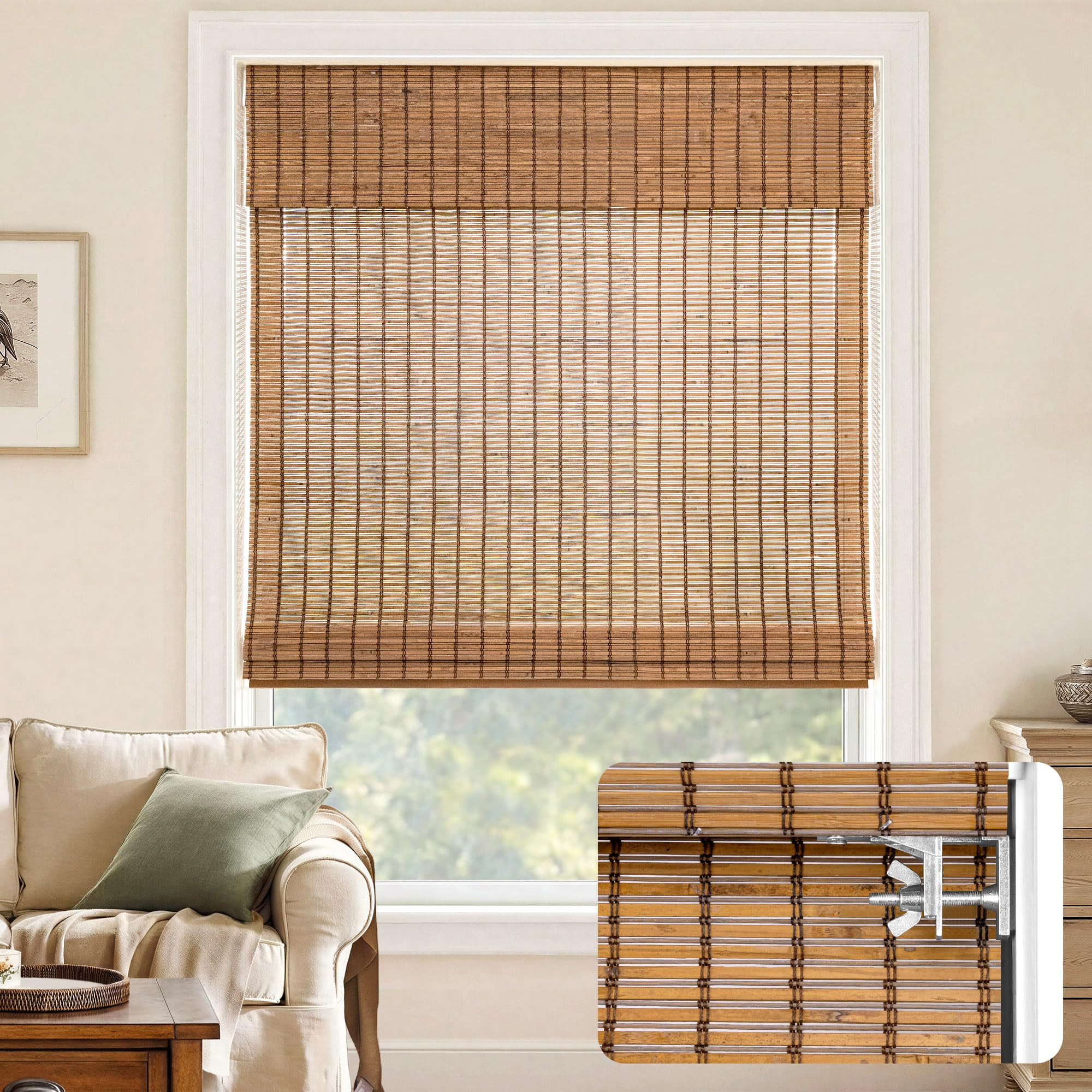 LazBlinds No-Drill Cordless Roman Shade - Light Filtering Natural Wood, Easy Install Bamboo Blind... | Amazon (US)