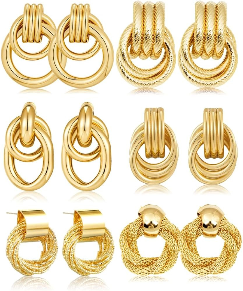 Amazon.com: 6 Pairs Gold Dangle Hoop Earrings Round Hammered Earrings for Women,Statement RetroGe... | Amazon (US)
