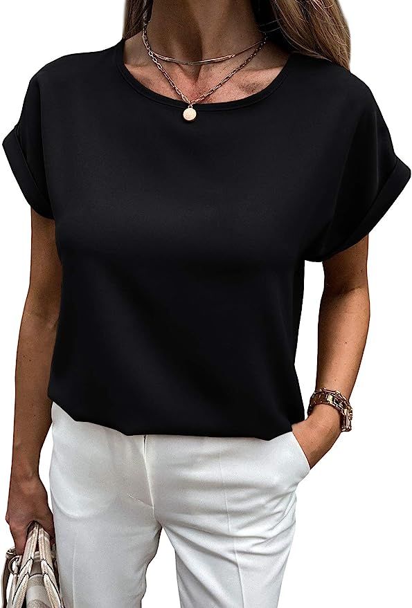 Lynwitkui Womens Crewneck Short Sleeve Chiffon Blouses Summer Keyhole Back Business Casual Tops | Amazon (US)