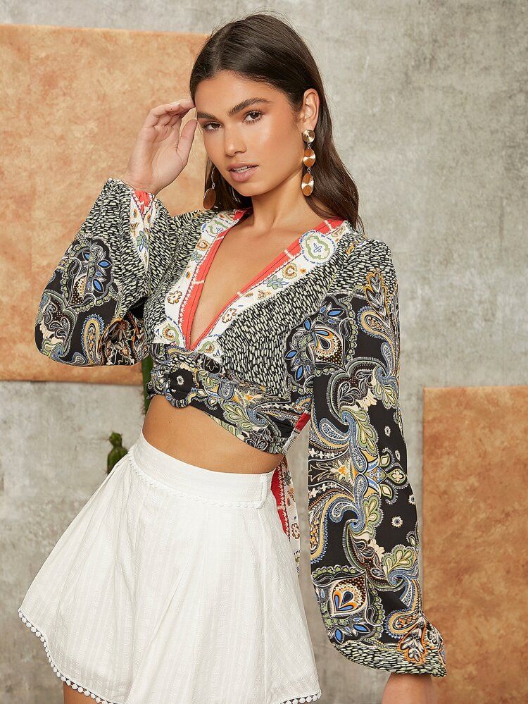 Plunging Neck Tie Backless Paisley Print Crop Top | SHEIN
