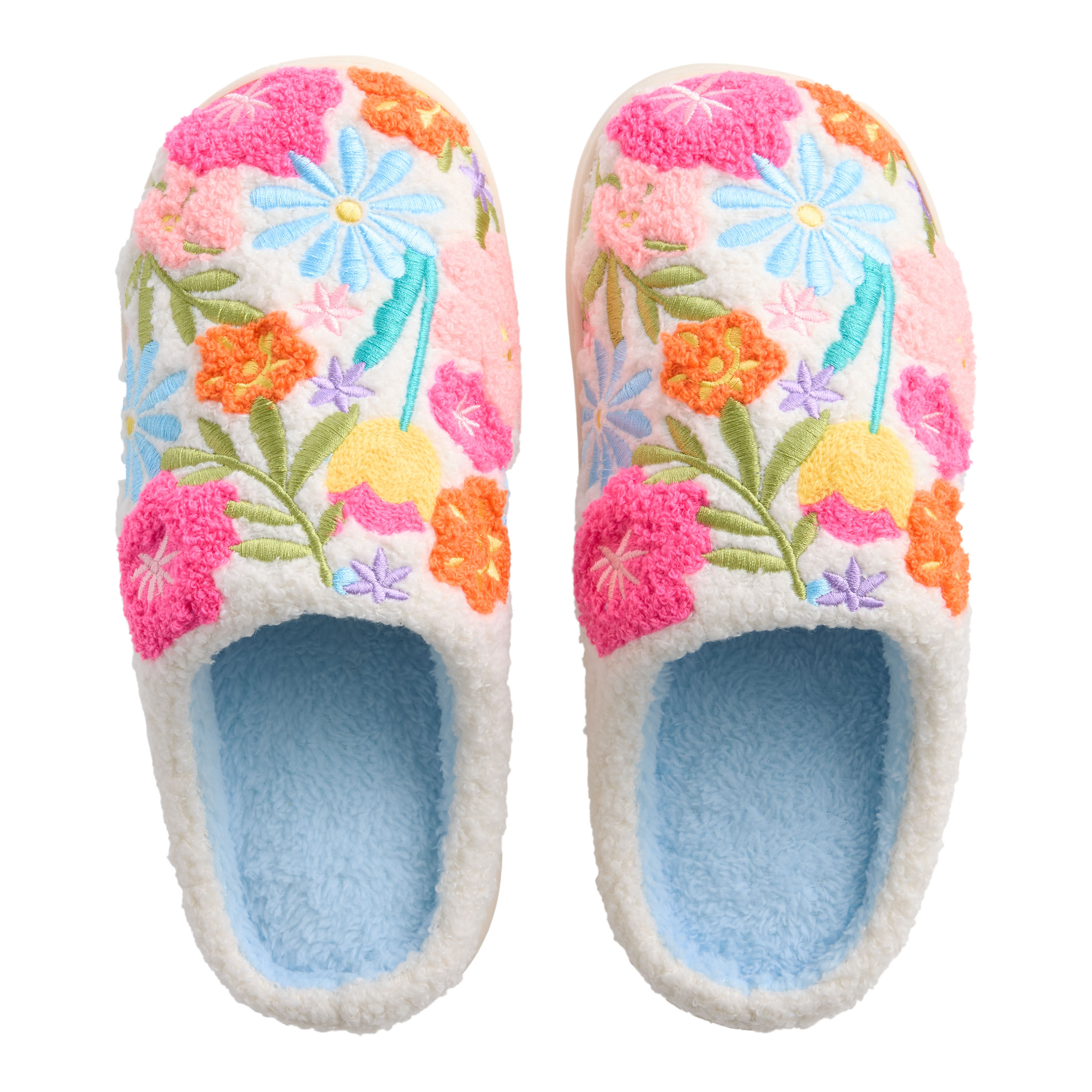 Blue and Red Fuzzy Plush Floral Embroidered Slippers | World Market