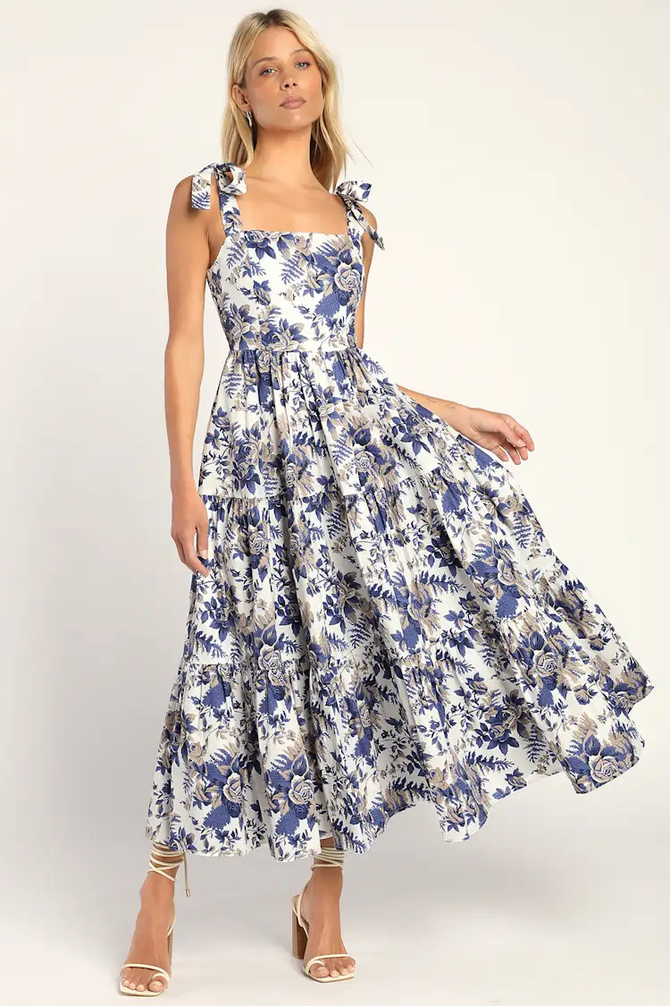 Mallorca Memories White Floral Print Tiered Tie-Strap Maxi Dress | Lulus (US)