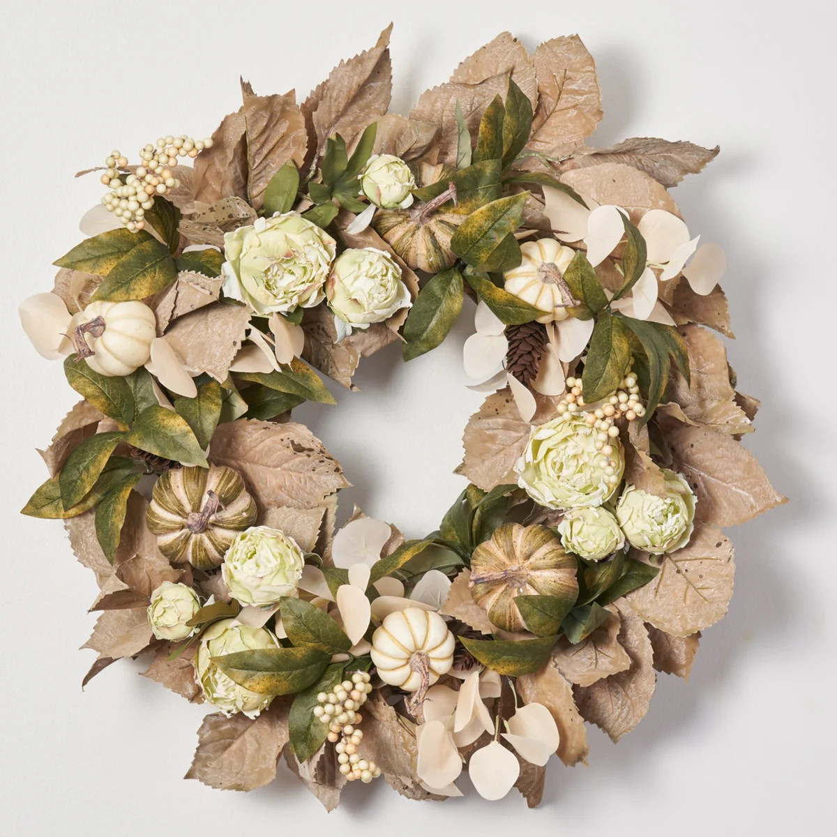 Earthy Elegance - Dried Look Fall Leaves & Green Peony with Neutral Pumpkins Fall Front Door Mant... | Darby Creek Trading