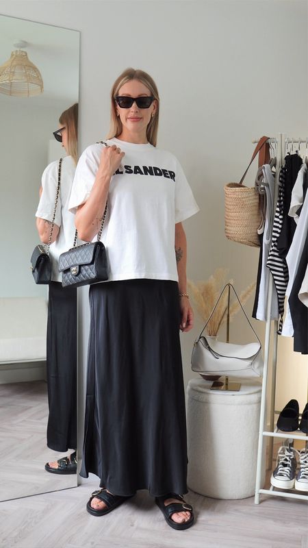 Summer maxi satin skirt outfit - Jils Sander logo t-shirt -  Chanel classic flap handbag - minimal style - capsule wardrobe 

#LTKeurope #LTKSeasonal #LTKitbag