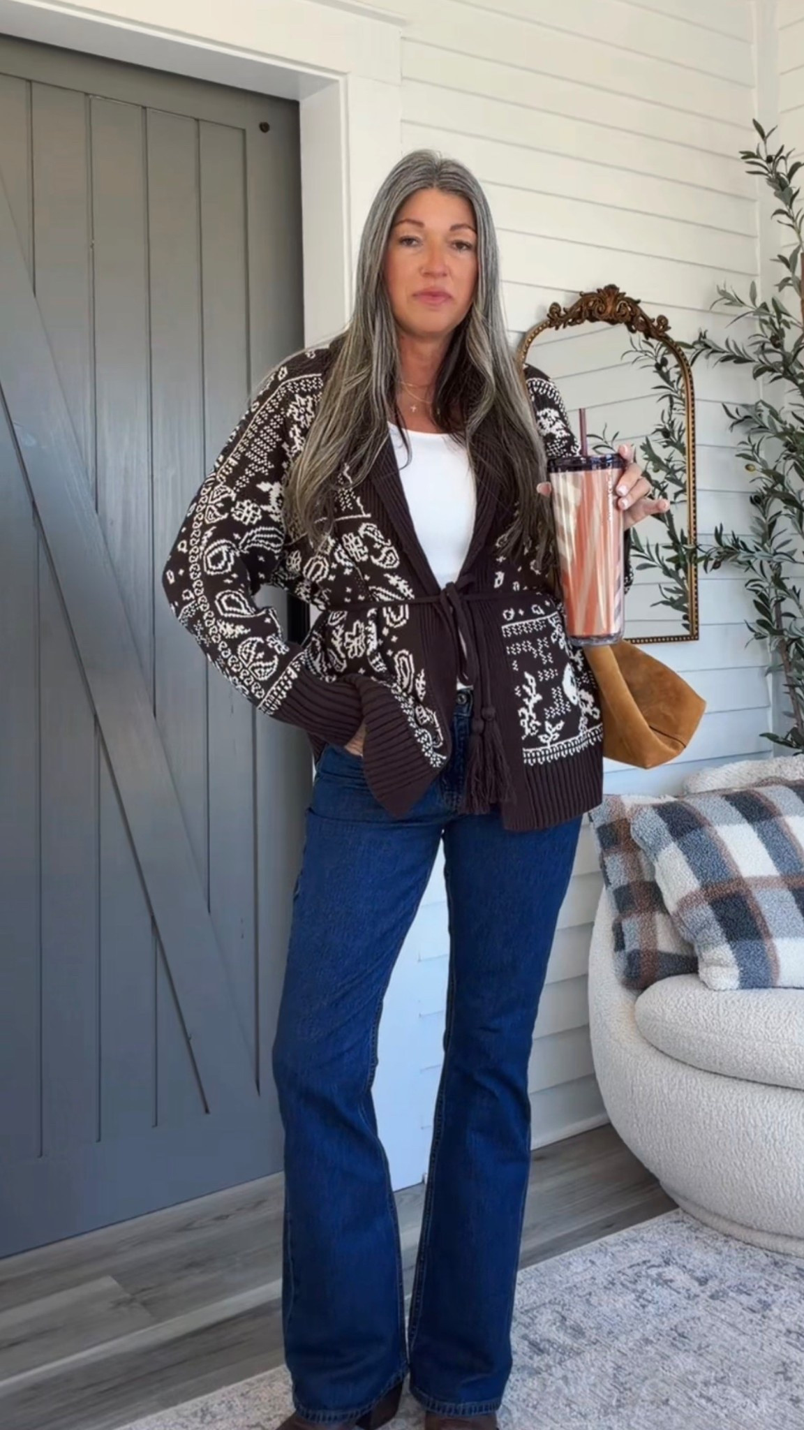 Wearing M in cardigan 
Sized up to 28 in jeans
Boots TTS

#LTKOver40 #LTKmomlife #LTKootd