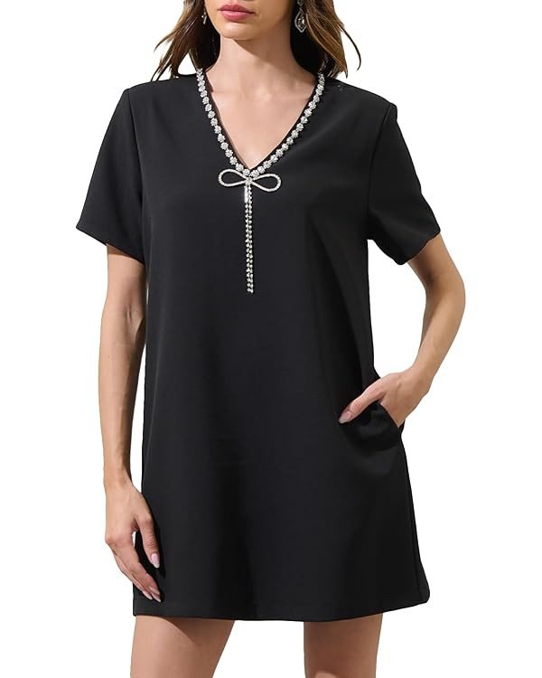 Women's V Neck Shift Mini Dress Short Sleeve Bow Glitter Rhinetone Dress Sexy Party Cocktail Shor... | Amazon (US)