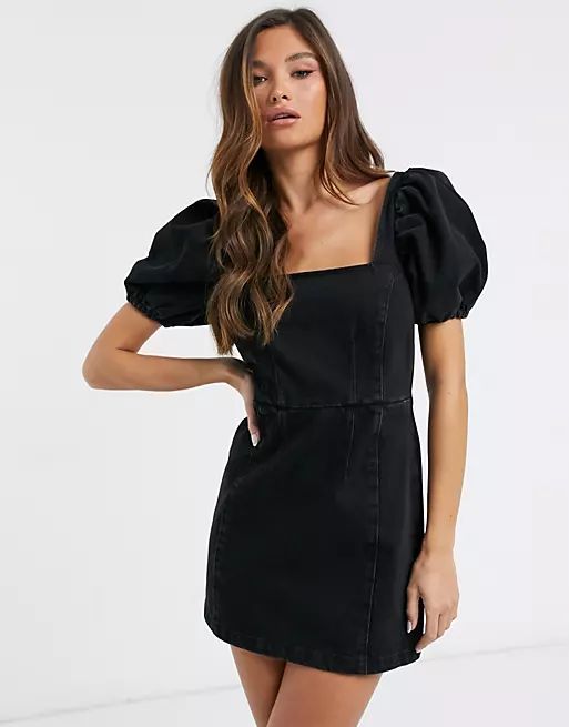 ASOS DESIGN denim Puff sleeve square neck mini dress in washed black | ASOS (Global)