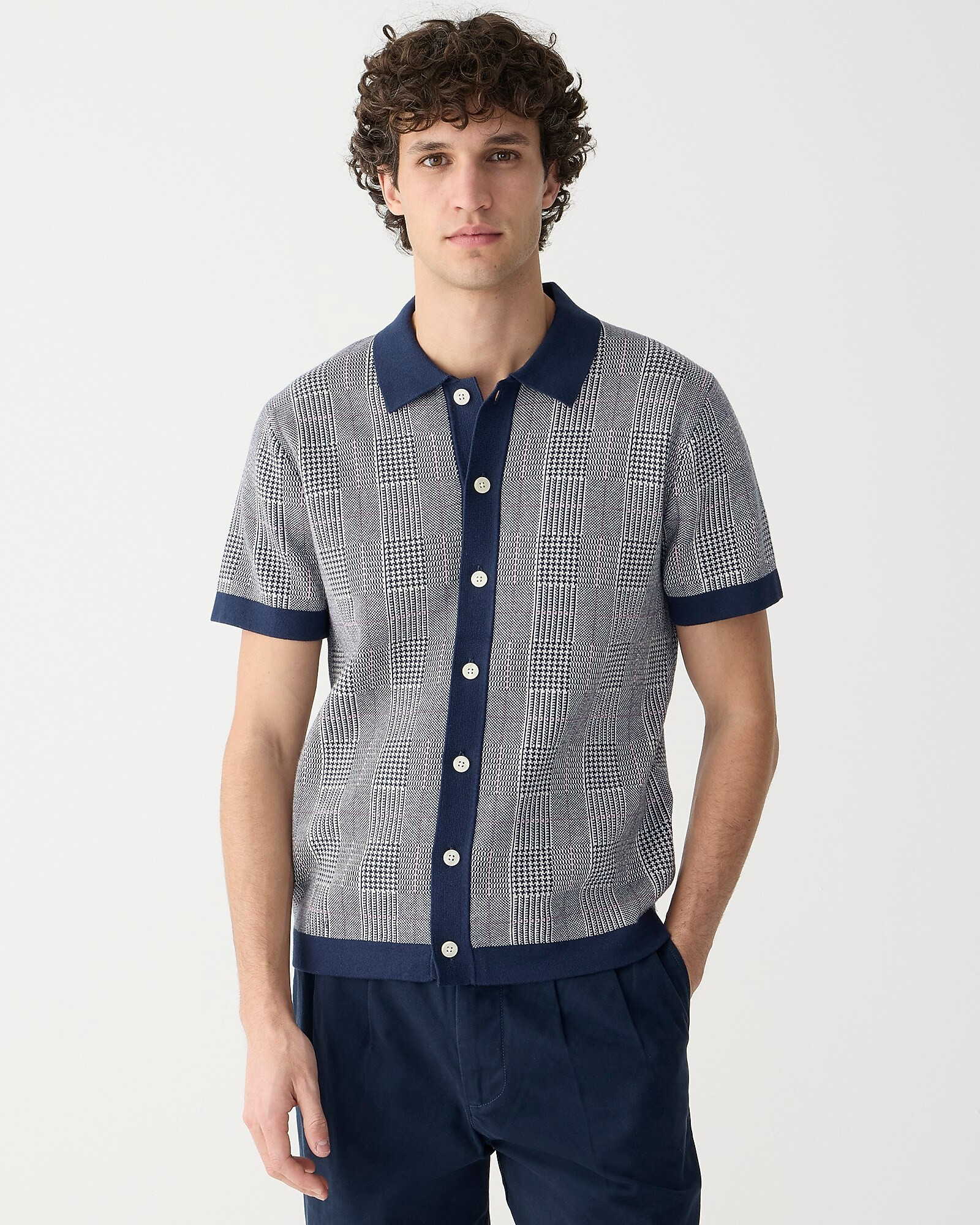 Short-sleeve heritage cotton sweater-polo in windowpane jacquard | J. Crew US