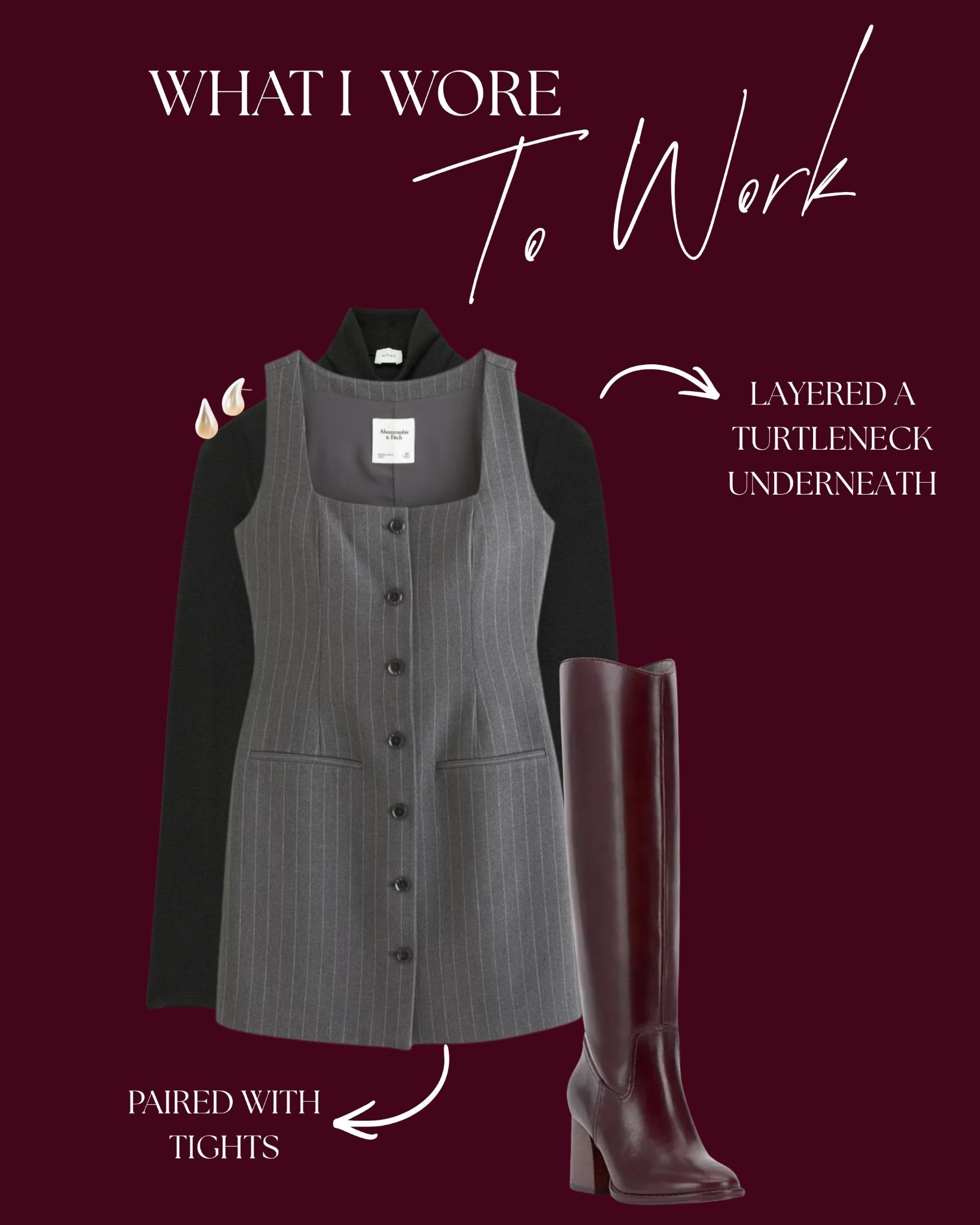 Tailored mini dress layered with a classic black turtleneck, tights and knee high wide calf riding boots. 

Dress @abercrombie 
Top @Aritzia 
Earrings @Anthropologie 

#LTKMidsize #LTKWorkwear #LTKootd