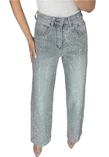 NRTHYE Womens High Waisted Rhinestone Jeans Baggy Straight Wide Leg Shiny Diamond Casual Denim Pants Trousers Light Grey | Amazon (US)