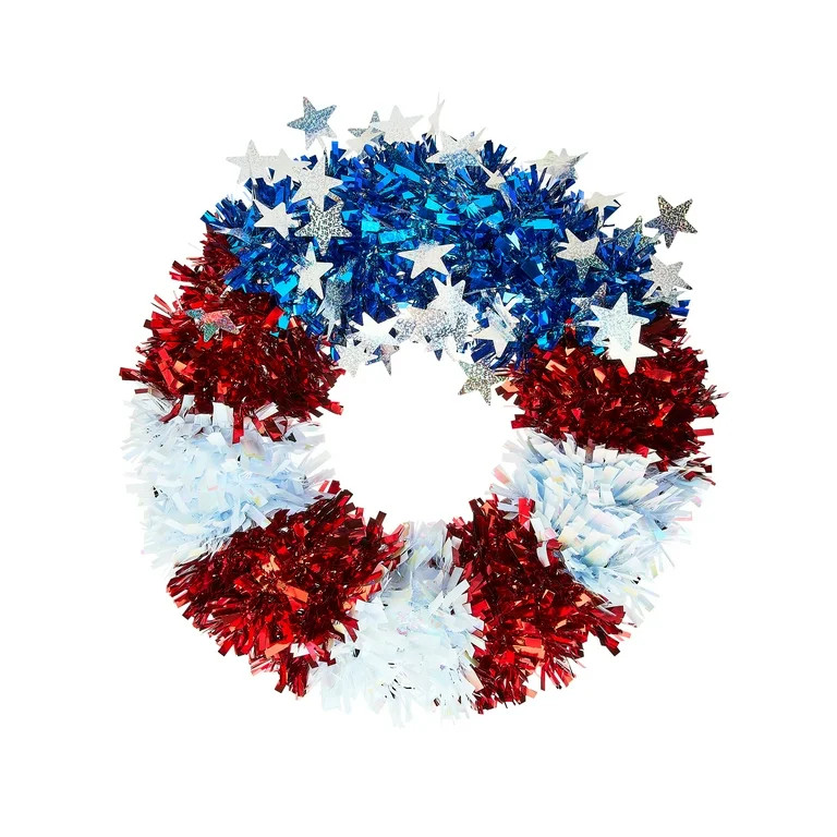 Patriotic Stars and Stripes Tinsel Wreath, Red/White/Blue, 16", by Way To Celebrate | Walmart (US)
