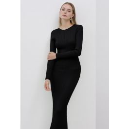 Stripe Texture Fitted Knit Maxi Dress in Black | Chicwish