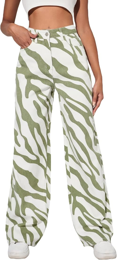 Floerns Women's High Waist Print Pants Y2K Print Wide Leg Denim Jeans | Amazon (US)