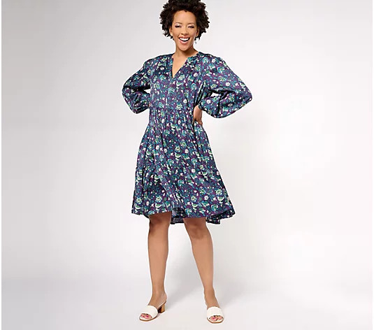 Destination 365 Printed Long-Sleeve Split-Neck Dress - QVC.com | QVC