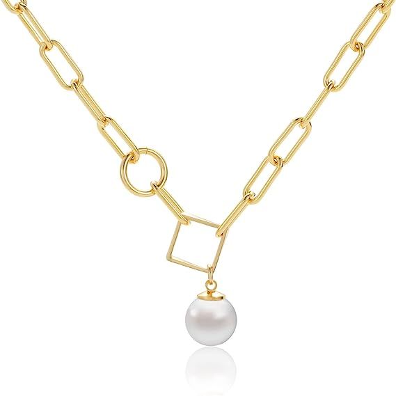 16K Gold Plated Pearl Necklaces - Paperclip Link Chunky Chain Initial Pendant Necklace Trendy Jew... | Amazon (US)
