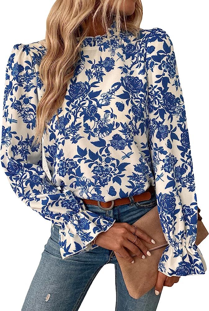 MakeMeChic Women's Floral Print Long Sleeve Ruffle High Neck Blouse Shirt Top | Amazon (US)