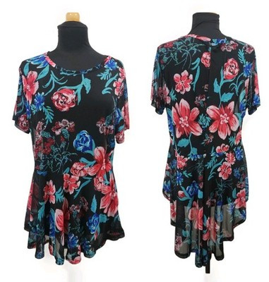 LOVE Black Mesh Floral Short-Sleeve Hi-low Hem Top Peplum Stretch Plus Size 3X | eBay US