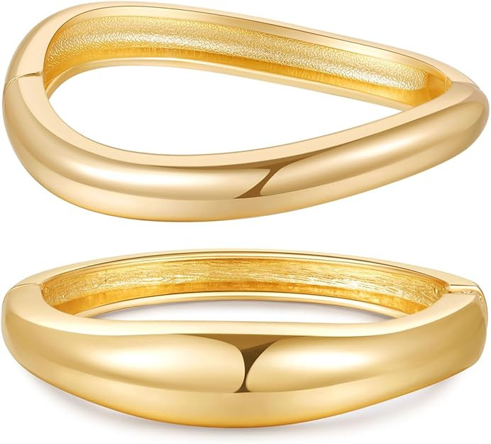 2pcs Gold Bangle Bracelets for Women, Trendy Hinged Cuff Open Wide Chunky Gold Bracelet Stack Arm... | Amazon (US)