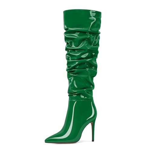 AUMOTED Slouchy Knee High Boots, Pointed Toe Stiletto Heel Boots, Stretch High Heels Boots Heeled Boots for Wedding 4 Inches Side Zipper Long Boots Patent Leather Green US Size 9 | Amazon (US)