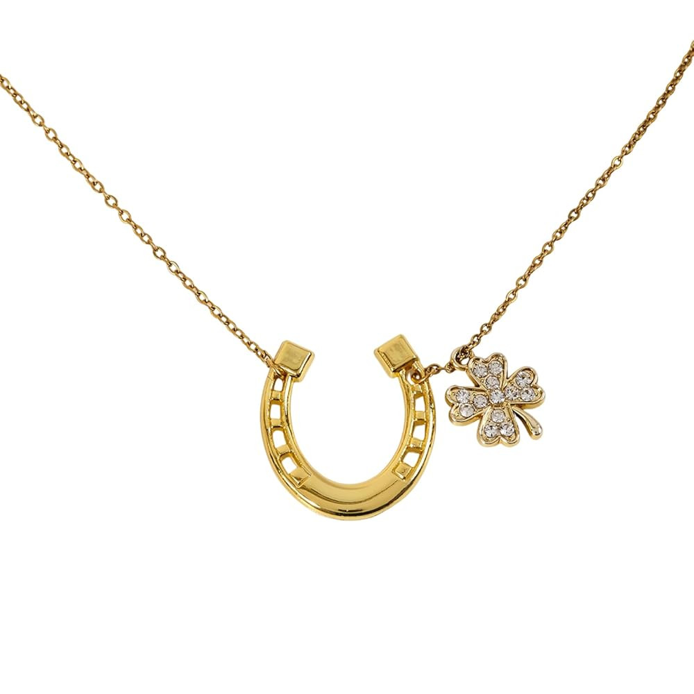 18K Gold Plated Adjustable Lucky Charm Necklace, Horseshoe & Four Leaf Clover Pendant, with Levit... | Amazon (US)