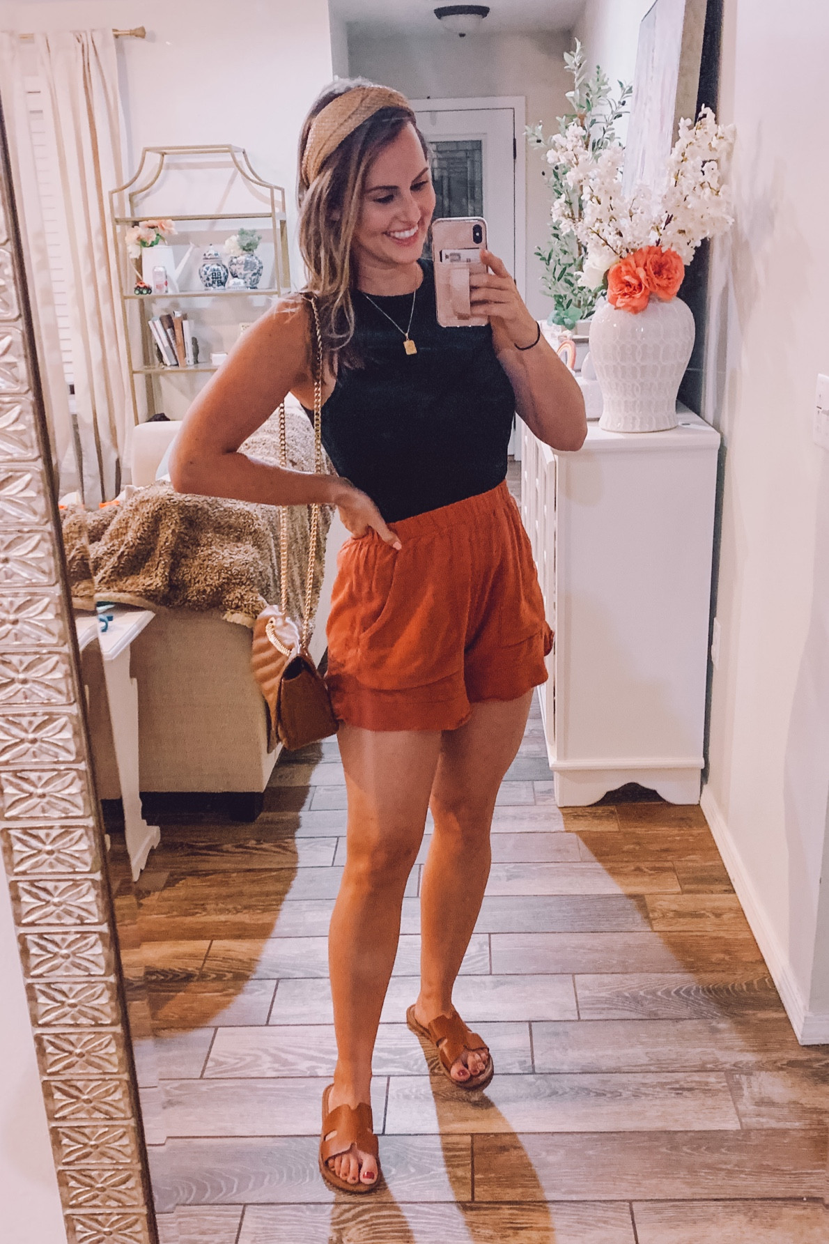 Fall outfit.all from amazon! My favorite high neck tank- super soft ribbed material & washes great! Shorts a pull on linen material, love the ruffle hem. Wearing my go-to gold initial necklace, rattan headband & flats! 

#LTKSeasonal #LTKstyletip #LTKunder50