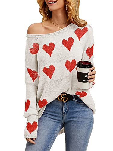 Tutorutor Womens Cute Love Heart Print Sweaters Oversized Off The Shoulder Loose Knitted Valentine Pullover Blouse Top White Red | Amazon (US)