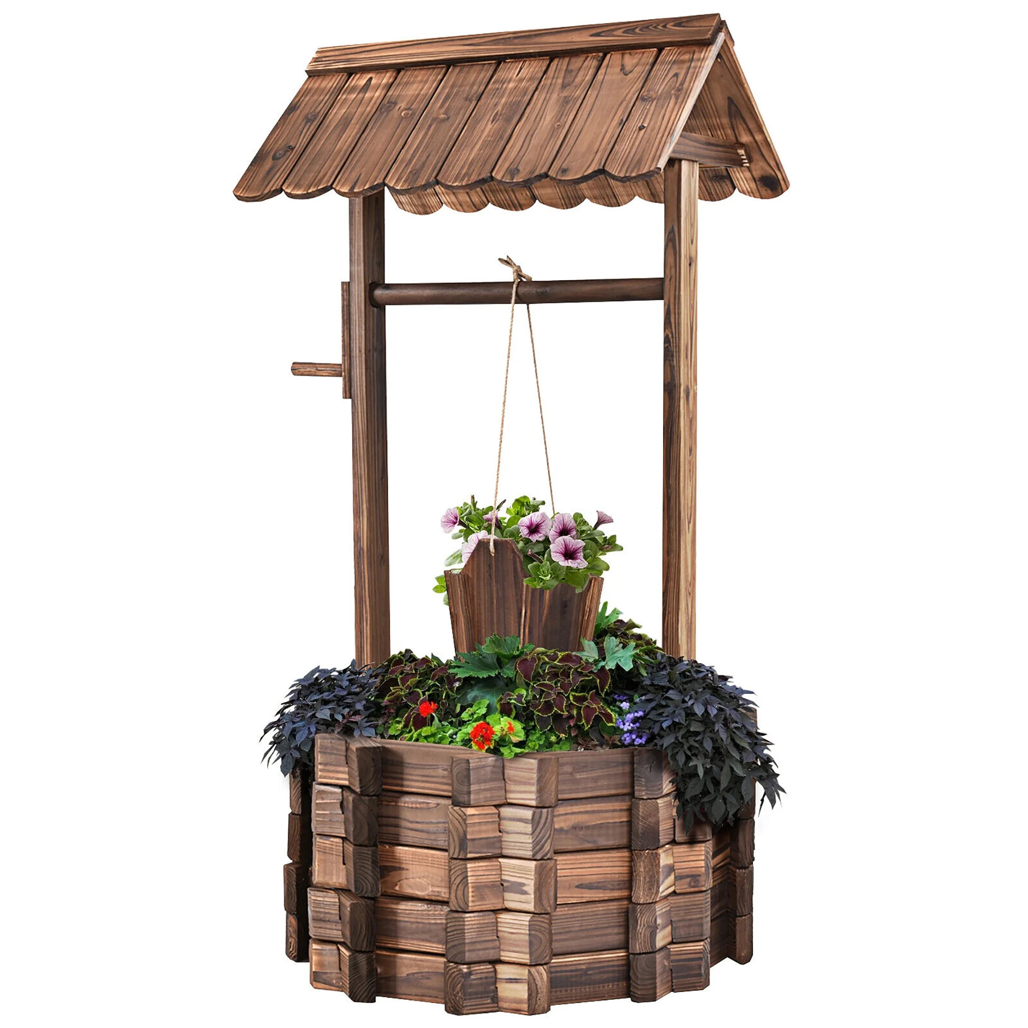 Costway Outdoor Wooden Wishing Well Bucket Flower Plants Planter Patio Garden Home Decor | Walmart (US)