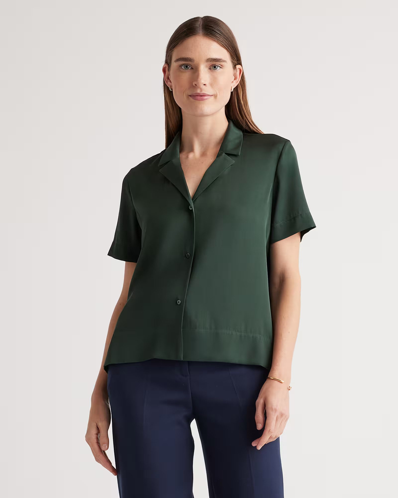 Washable Stretch Silk Short Sleeve Notch Collar Blouse in Forest Green | Quince