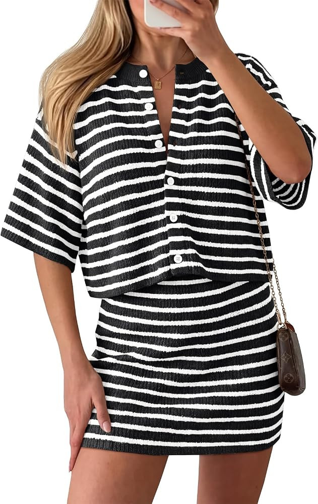 Saodimallsu Womens Two Piece Skirt Set Summer Striped Knit Short Sleeve Button Cardigans And Mini... | Amazon (US)