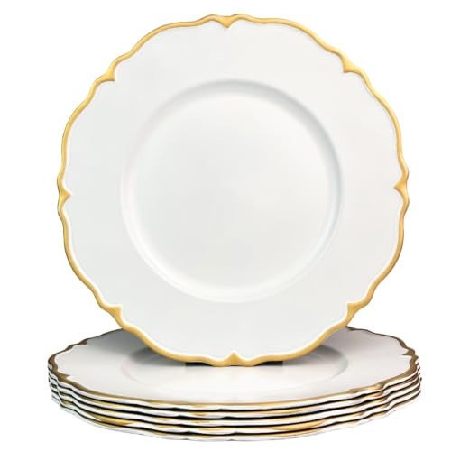 UOEKCS White Scalloped Charger Plates with Gold Rim, 13" Plastic Decoration Charger for Dinner Plates, Wedding, Tabletop Decor(Set of 6) | Amazon (US)
