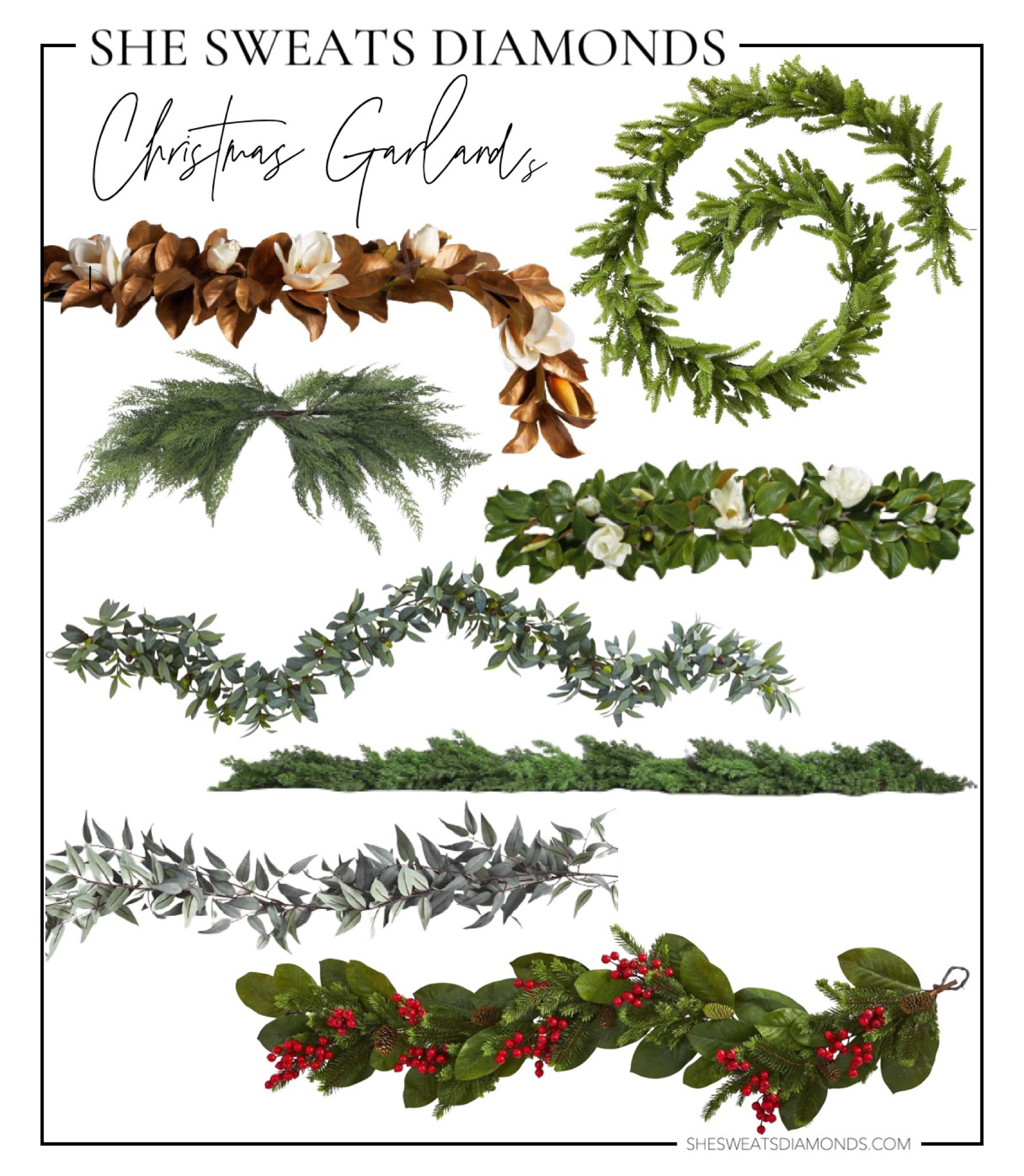 On the hunt for Christmas garlands and these are the prettiest ones I’ve seen. Gold Magnolia garland, olive leaf garland, faux cedar garland, and a red berry and pinecone garland if you’re looking for some color!

#LTKHoliday #LTKhome #LTKSeasonal