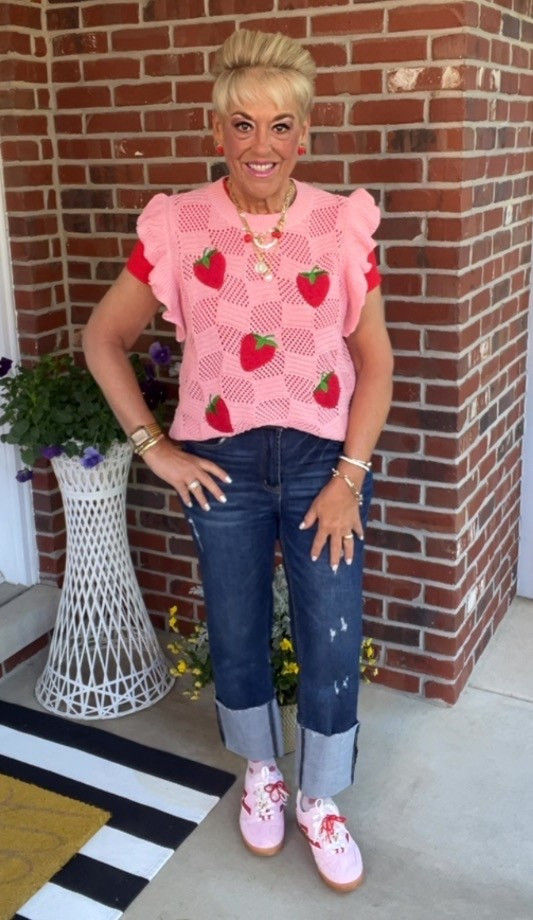 Pink and red Strawberry Sweater Vest
Wide Cuffed Jeans
Red Tshirt
Ruffled Sheer Strawberry Socks
Pink and Red Sneakers
Strawberry Charm Necklace
Shoe Charms for Sneakers 