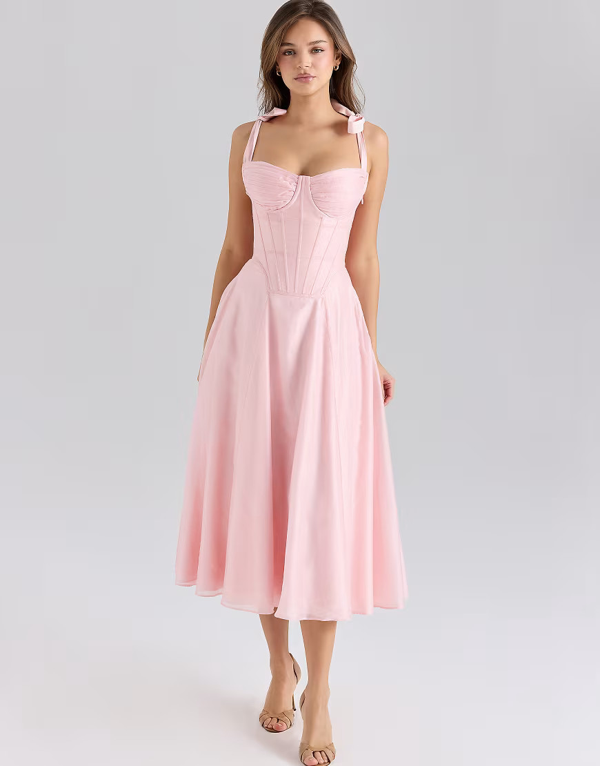 House of CB Leia chiffon tie strap midi dress in pink | ASOS (Global)