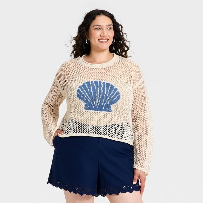 Women's Open Work Shell Pullover Sweater - A New Day™ Cream/Blue 3X | Target