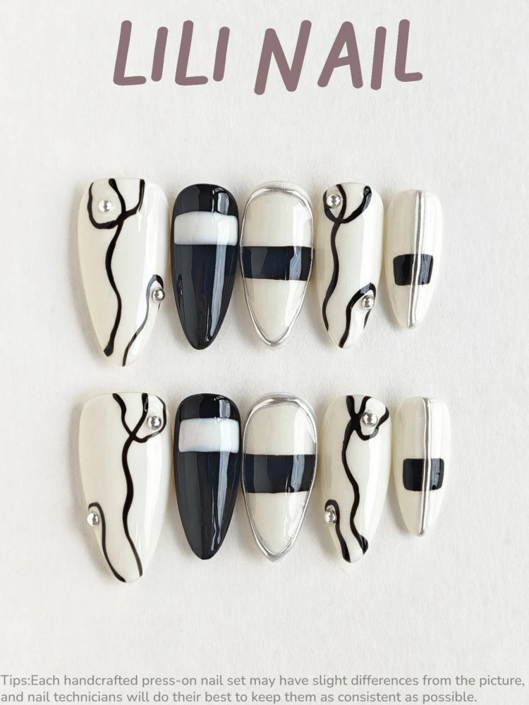 10pcs Handmade Acrylic Nail Stickers, Medium-Long Almond Shape Nails, White & Black Nails, Minima... | SHEIN