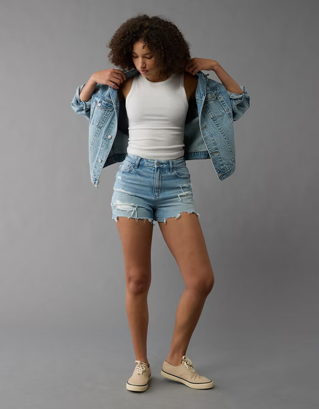 AE Strigid Curvy Ripped Denim Mom Short | American Eagle Outfitters (US & CA)