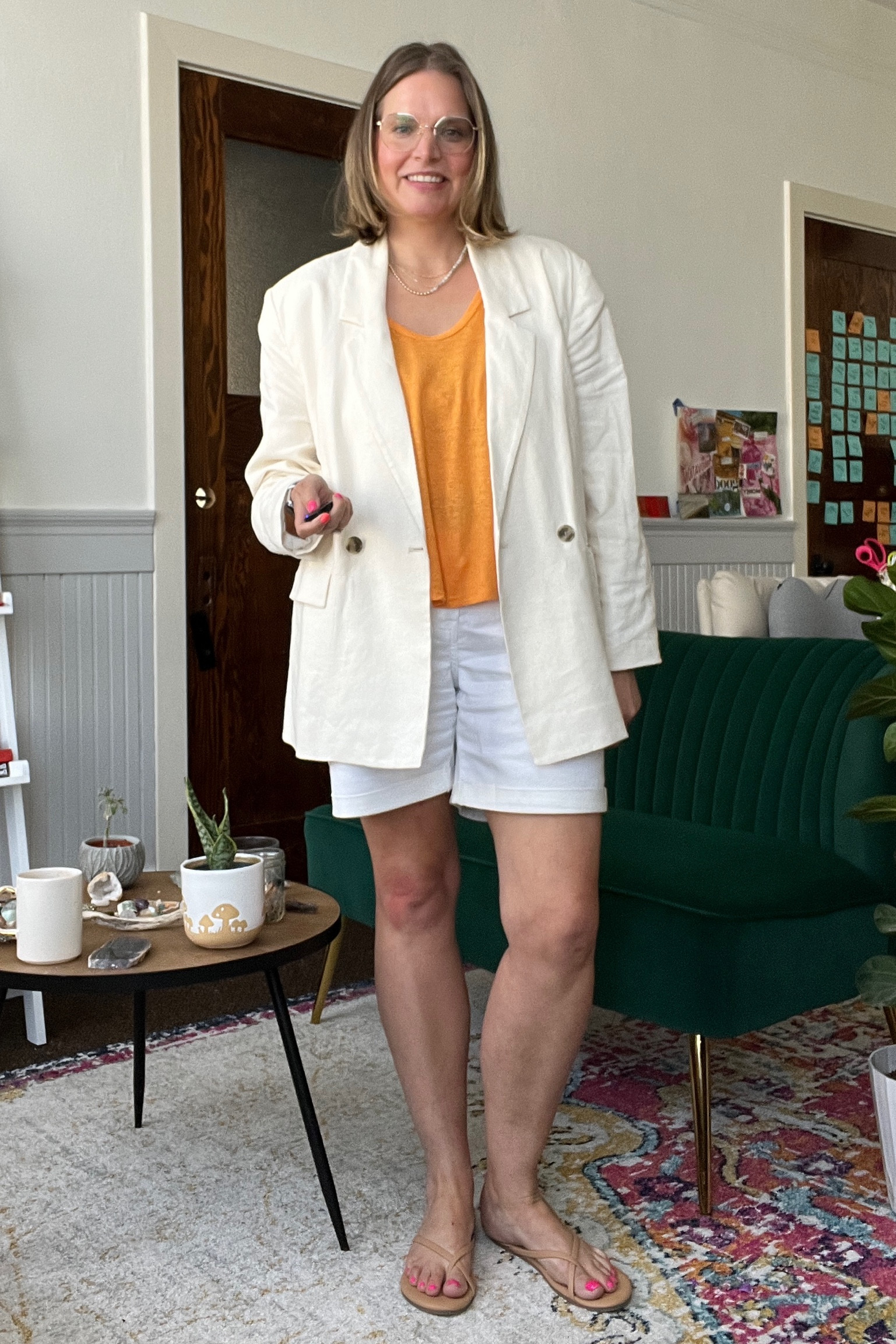 Todays outfit formula is linen blazer, bright top, white shorts and sandals  

#LTKstyletip #LTKSeasonal #LTKcurves