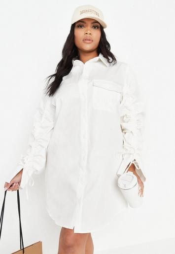 Missguided - Plus Size White Ruched Sleeve Poplin Shirt Dress | Missguided (US & CA)