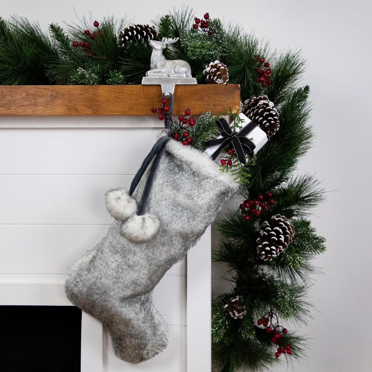 Northlight Silver Fox Faux Fur Christmas Stocking with Pom Poms - 20.5" | Target