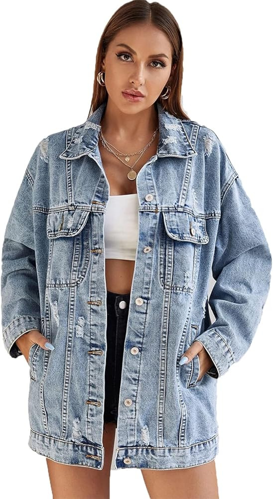 YILANUOYI Women Casual Oversize Denim Jackets Mid Long Vintage Ripped Jean Coats | Amazon (US)