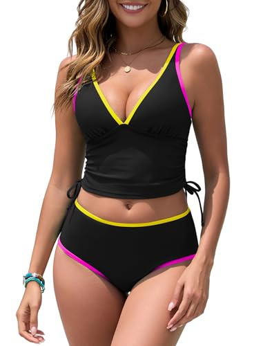 ZAFUL Women's Swimsuit Tankini Tummy Control Bathing Suits Two Piece Full Coverage Slim Swim Suits with High Waisted Bottom 2026, Black Color Block, Large | Amazon (US)