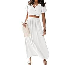 MEROKEETY Women's 2023 Summer Two Piece Outfits V Neck Puff Sleeve Crop Top and Flowy Maxi Skirt ... | Amazon (US)