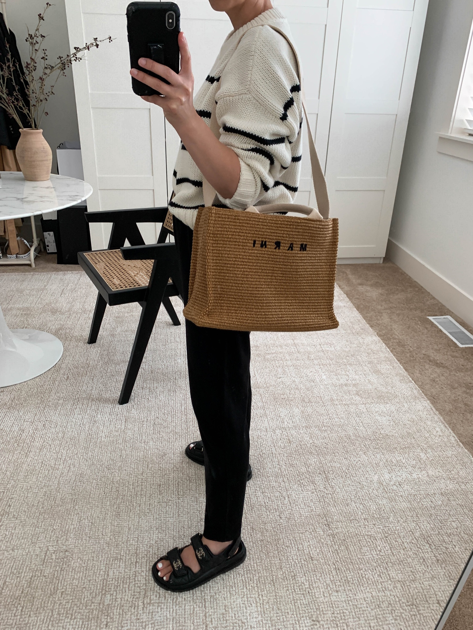 The best Jersey lounge pants. 

Sweater - Jenni Kayne xs
Tote - Marni
Pants - Eileen Fisher xs
Sandals - Chanel 35. Size up a half size  