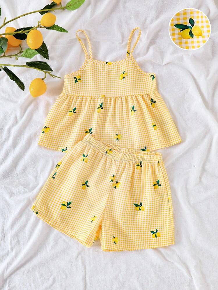 SHEIN Elladie Kids Yellow Plaid Camisole And Shorts Set With Lemon Print For Vacation Style Girls Lemon Two Piece Set Yellow Two Piece Set For Girls Girls Summer Two Piece Set Kids Lemon Print Outfit Summer Two Piece Set Kids Summer Holiday | SHEIN