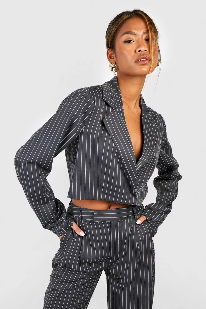 Tonal Pinstripe Boxy Crop Blazer | boohoo (US & Canada)