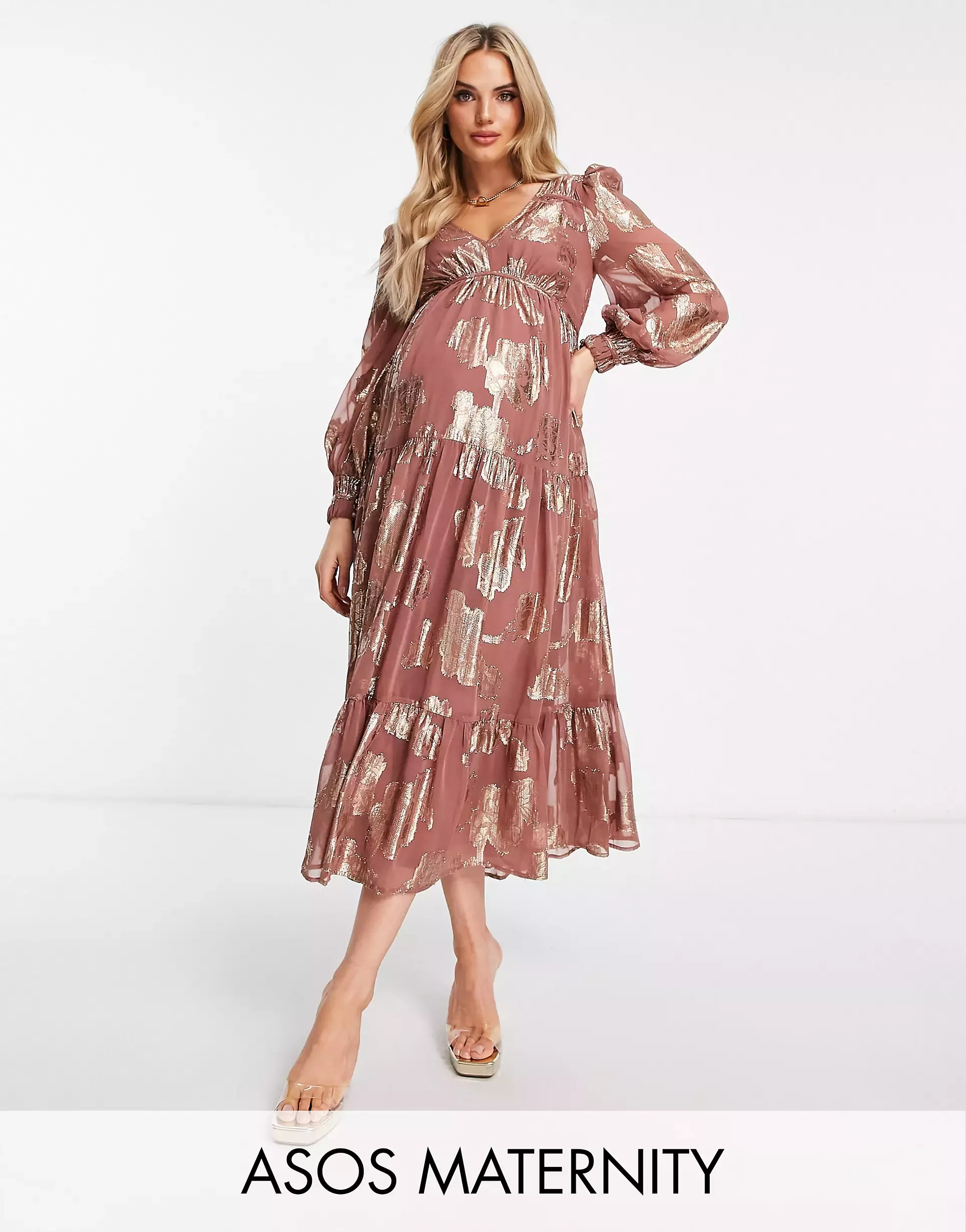 ASOS DESIGN maternity floral embroidered midi dress with lace insert and  satin tie detail in sage