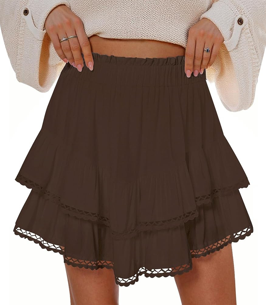 Flowy Shorts for Women Summer Casual Lace Trim Skorts Boho High Waist Tiered Ruffle Mini Skirts | Amazon (US)