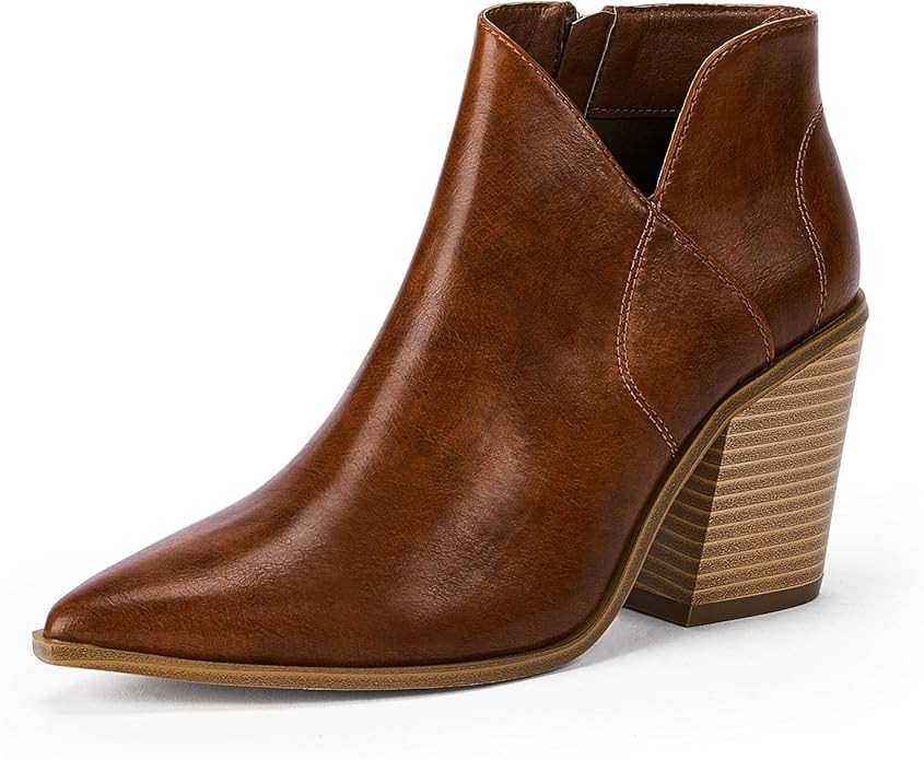 Womens Ankle Boots V Cutout Pointed Toe Western Booties Chunky Heel Side Zipper Chelsea Boots | Amazon (US)