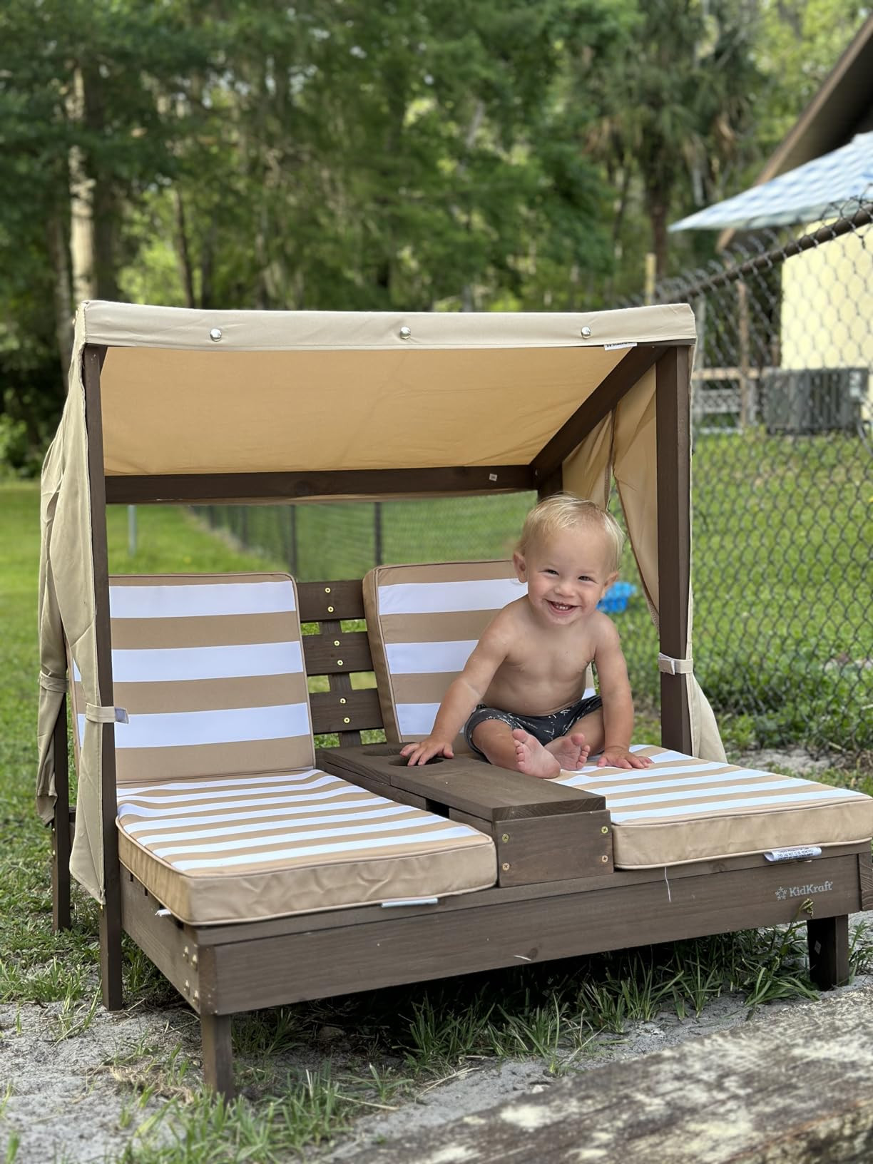 KidKraft Wooden Outdoor Double Chaise Lounge with Cup Holders, Patio Furniture for Kids or Pets, ... | Amazon (US)